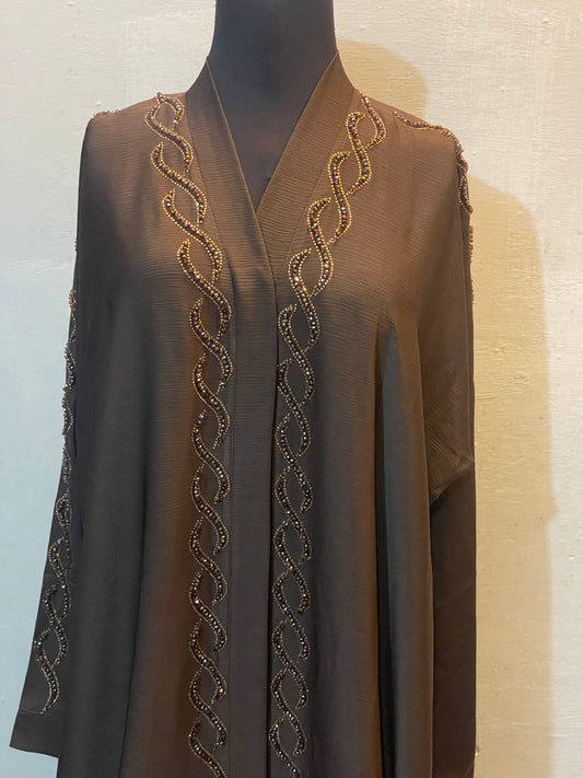 β¨ NOOR ELEGANCE Brown Zoom Abaya with Golden Hand Embellishments & Scarf - 025