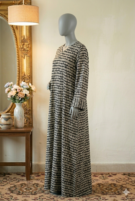 π€ The Midnight Garden Lawn Abaya | Monochrome Floral Printed Abaya - 035