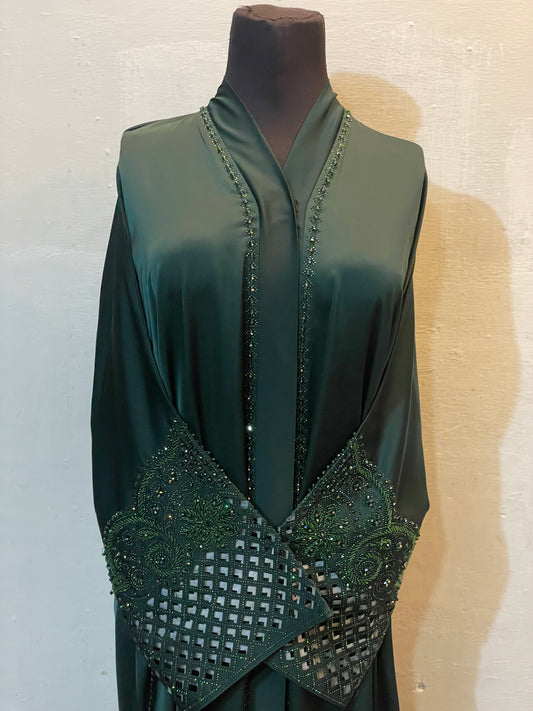 π ABAYA ROYALE Emerald TikTok Fabric with Intricate Hand-Embellished Sleeves - 04