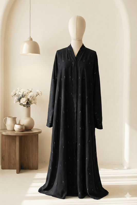 π Moonlit Charm β Satin Black Abaya with Teal Embroidery