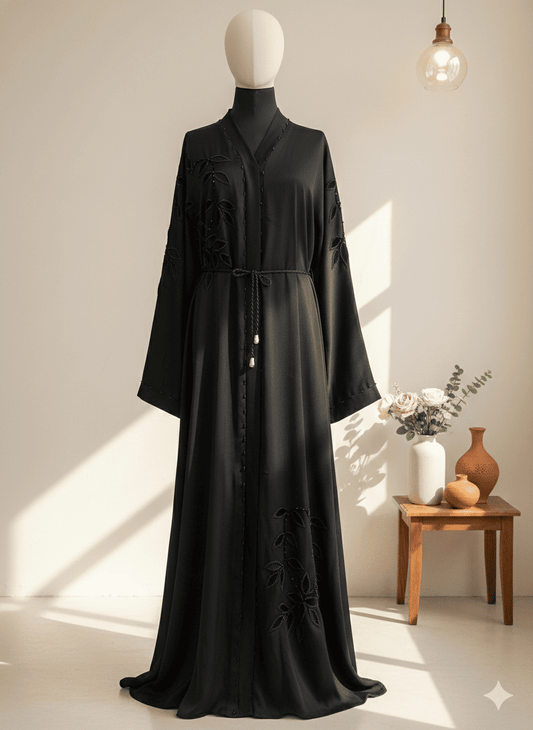 Black Hand-Embellished Zoom Fabric Abaya with Velvet Applique Work
