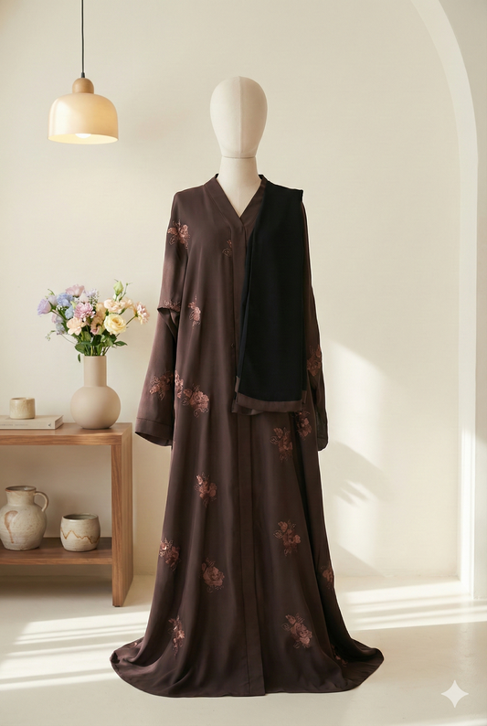 πΈ Bareez β All-Over Embroidered Mauve Abaya in Soft Nida Fabric