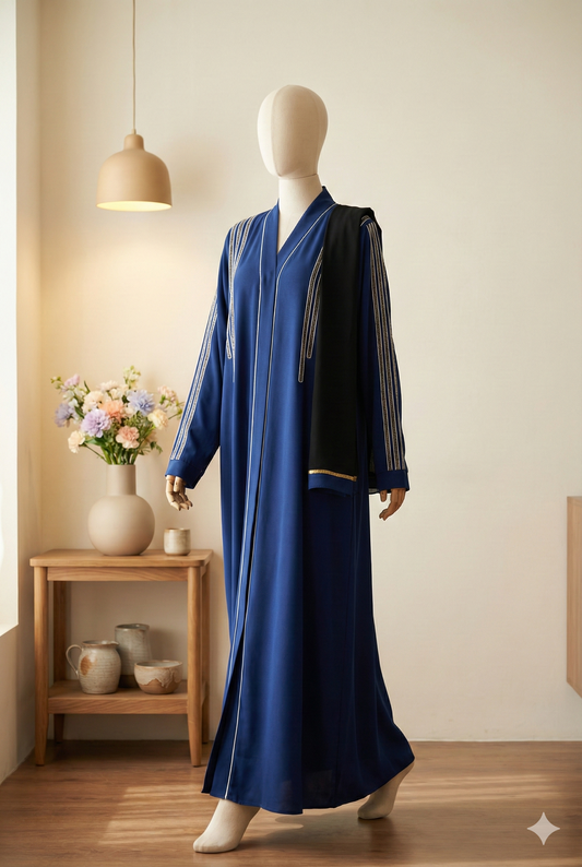 π Blue Sapphire Abaya with Crystal & Doori Detailing
