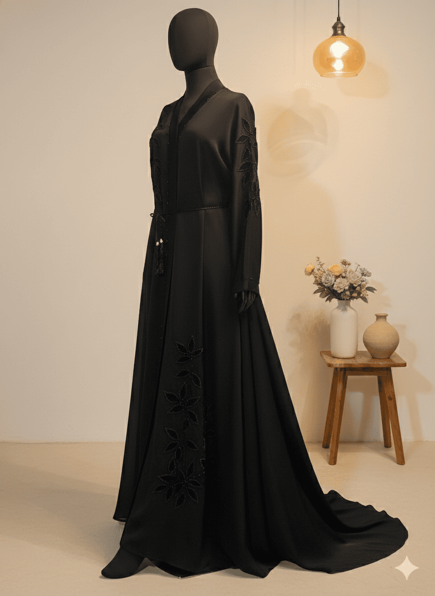 Black Hand-Embellished Zoom Fabric Abaya with Velvet Applique Work