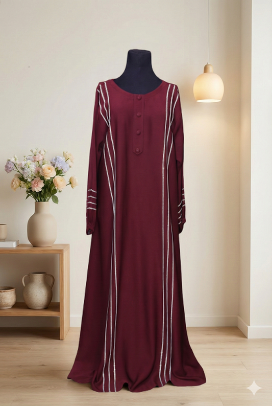 π· Sophisticated Maroon Abaya with Crystal Scarf & Button Detailing