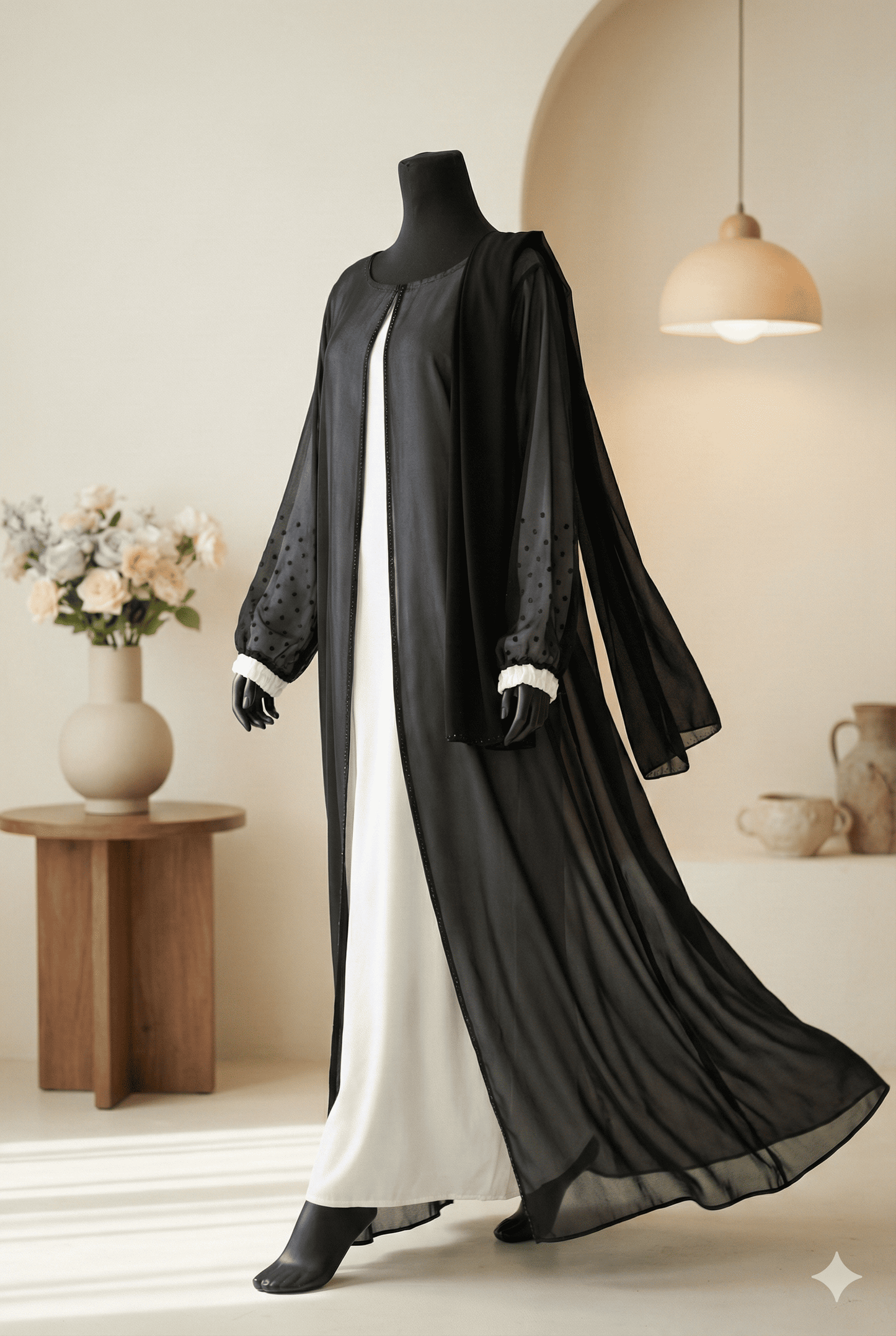 π€ Elegant Sheer Black & White Abaya with Crystal Detailing