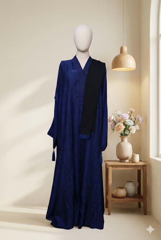 π Royal Sapphire β Embellished Blue Abaya with Black Scarf