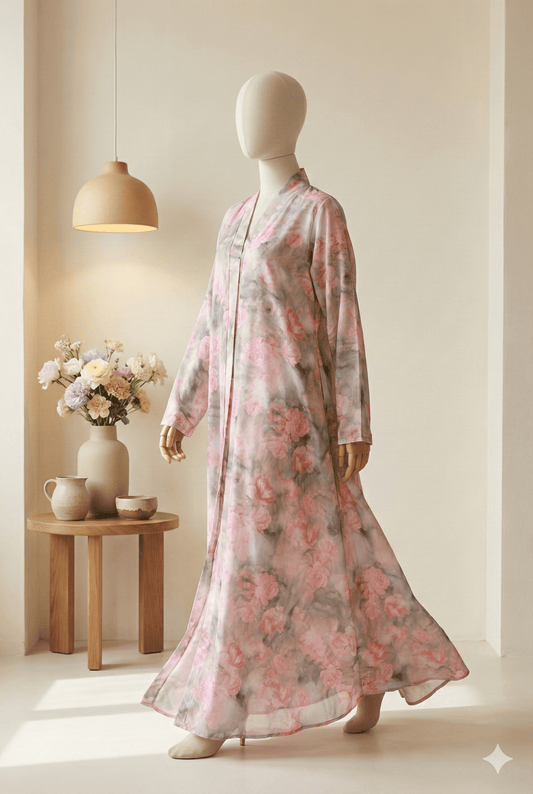 The Rosy Bloom Kids Abaya | Dusty Rose Pink Floral Abaya for Girls