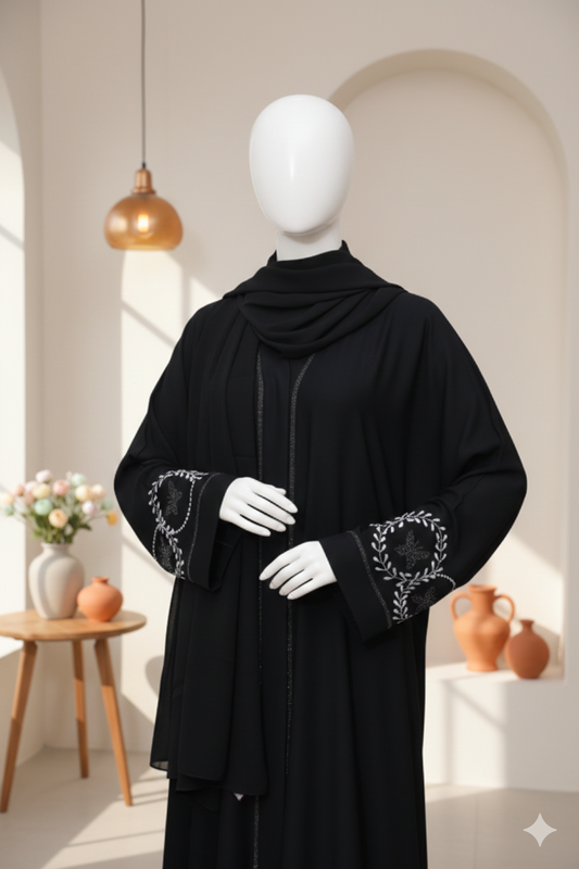 Embroidered Front Open Nida Abaya with Crystal Work & Matching Dupatta