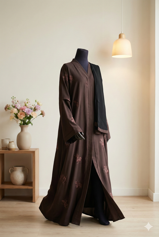 πΈ Bareez β All-Over Embroidered Mauve Abaya in Soft Nida Fabric