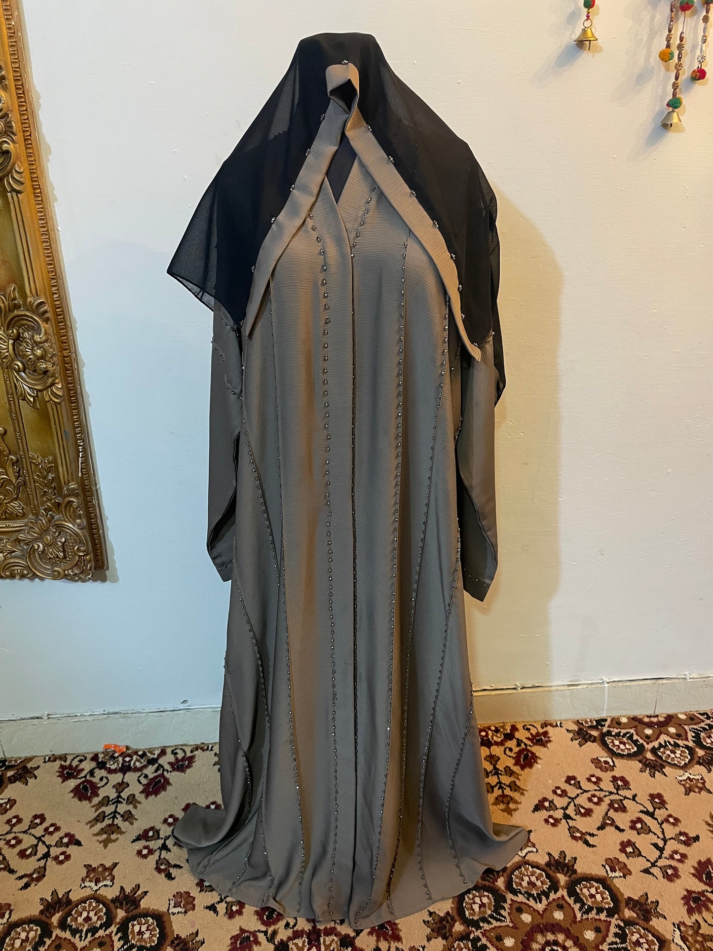 Crystal Embellished Zoom Fabric Abaya with Matching Scarf