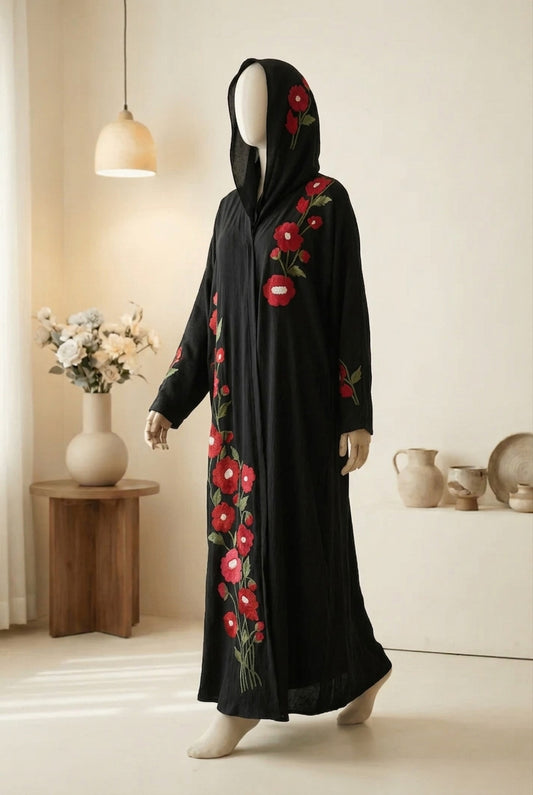 🌹 AYESHA'S AURA Black Zoom Nida Abaya with Floral Rose Embroidery & Scarf - 01