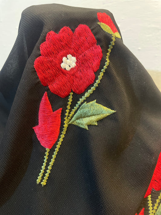 🌹 AYESHA'S AURA Black Zoom Nida Abaya with Floral Rose Embroidery & Scarf - 01