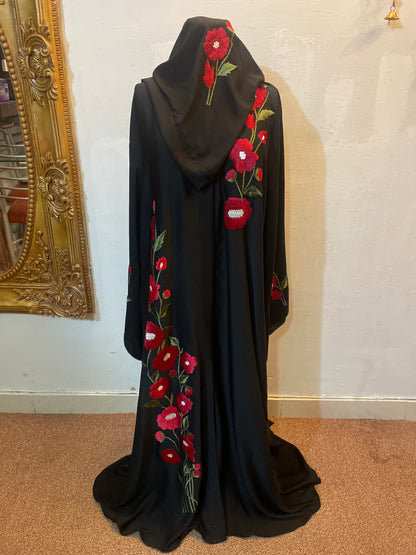 🌹 AYESHA'S AURA Black Zoom Nida Abaya with Floral Rose Embroidery & Scarf - 01