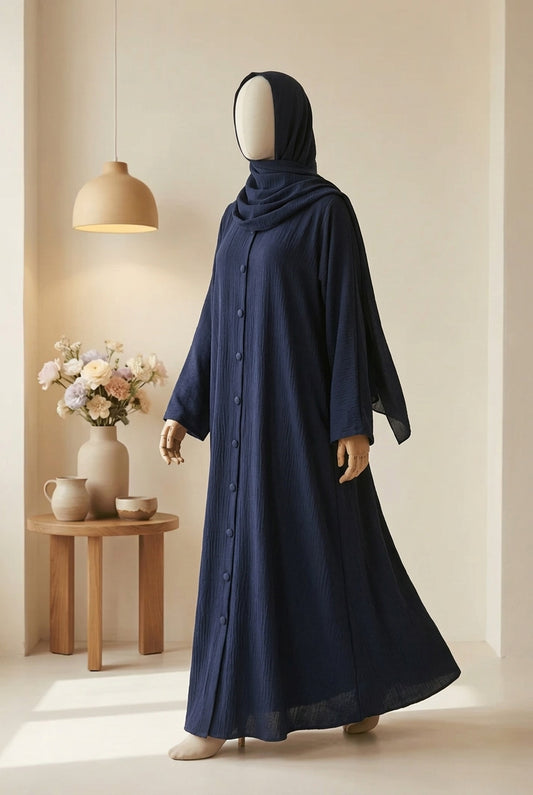 🍃 DARK BLUE Emerald CEY Fabric Abaya with Button Detail & Scarf - 010