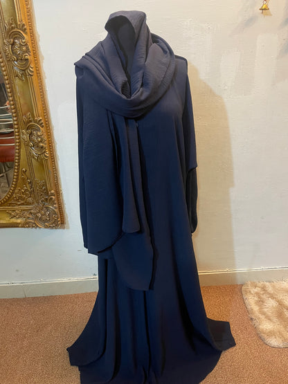 🍃 DARK BLUE Emerald CEY Fabric Abaya with Button Detail & Scarf - 010