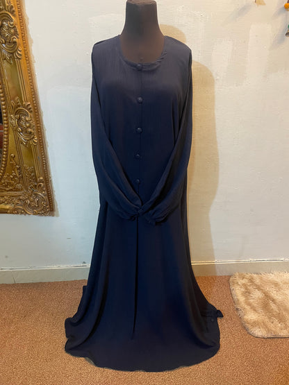 🍃 DARK BLUE Emerald CEY Fabric Abaya with Button Detail & Scarf - 010