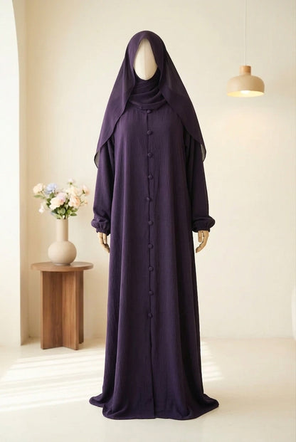 🍃 PURPLE Emerald CEY Fabric Abaya with Button Detail & Scarf - 011