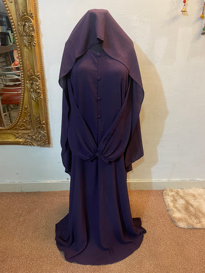 🍃 PURPLE Emerald CEY Fabric Abaya with Button Detail & Scarf - 011