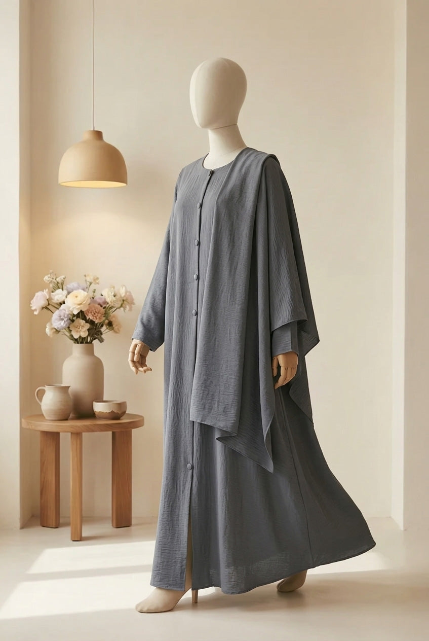 🍃 GREY Emerald CEY Fabric Abaya with Button Detail & Scarf - 012