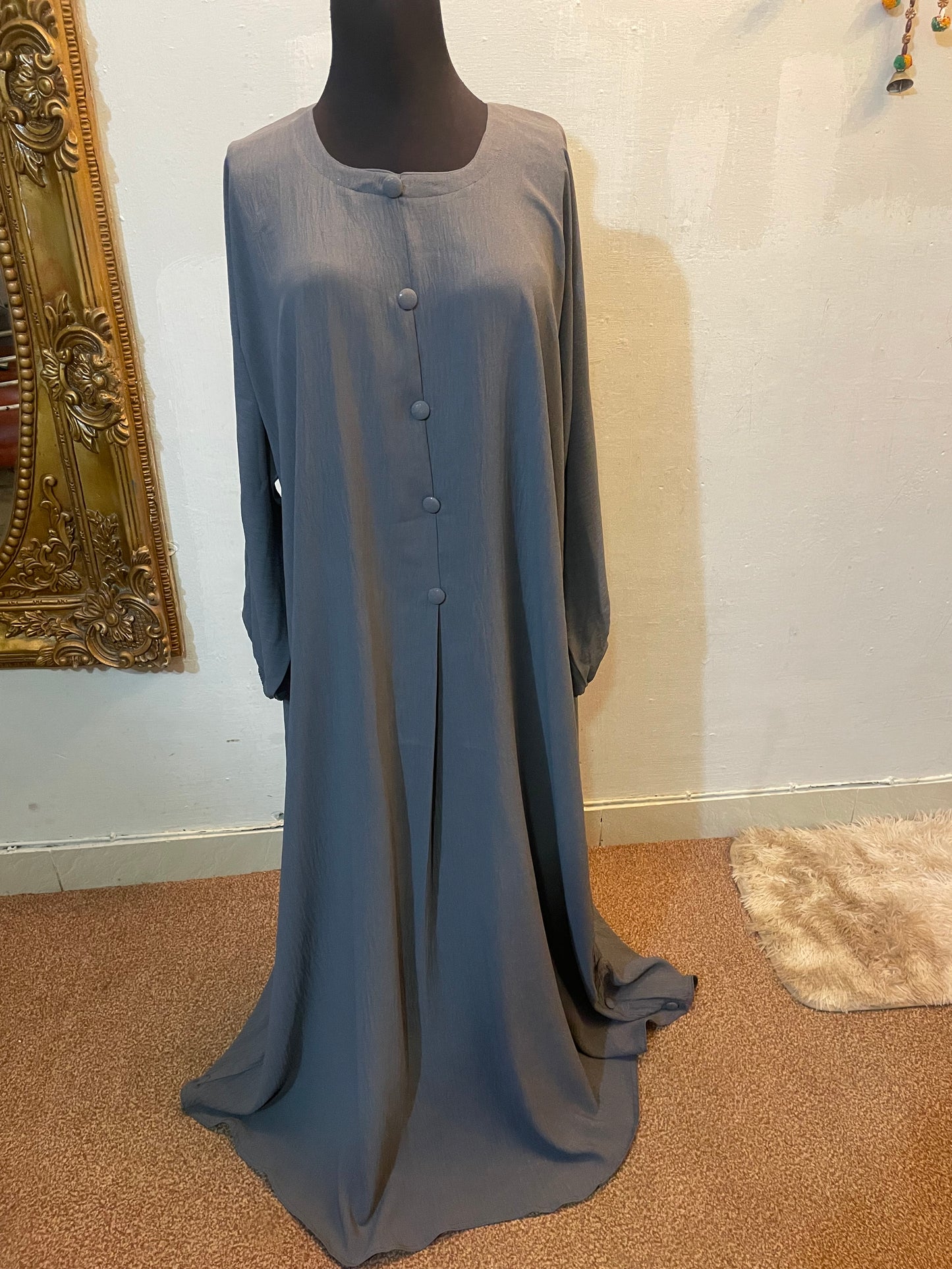 🍃 GREY Emerald CEY Fabric Abaya with Button Detail & Scarf - 012
