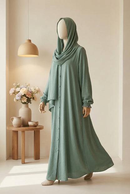 🍃 AQUA Emerald CEY Fabric Abaya with Button Detail & Scarf - 013