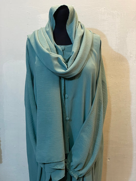 🍃 AQUA Emerald CEY Fabric Abaya with Button Detail & Scarf - 013