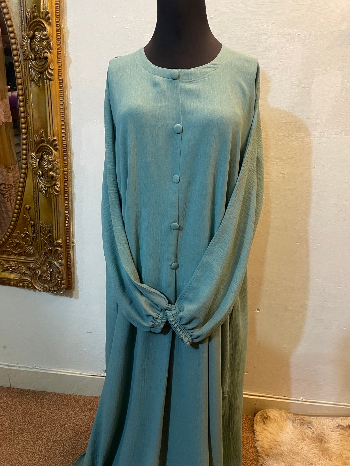 🍃 AQUA Emerald CEY Fabric Abaya with Button Detail & Scarf - 013