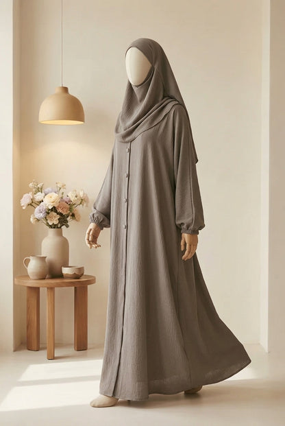 🍃 BROWN Emerald CEY Fabric Abaya with Button Detail & Scarf - 014