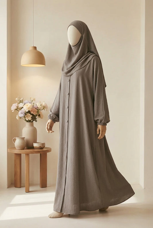🍃 BROWN Emerald CEY Fabric Abaya with Button Detail & Scarf - 014