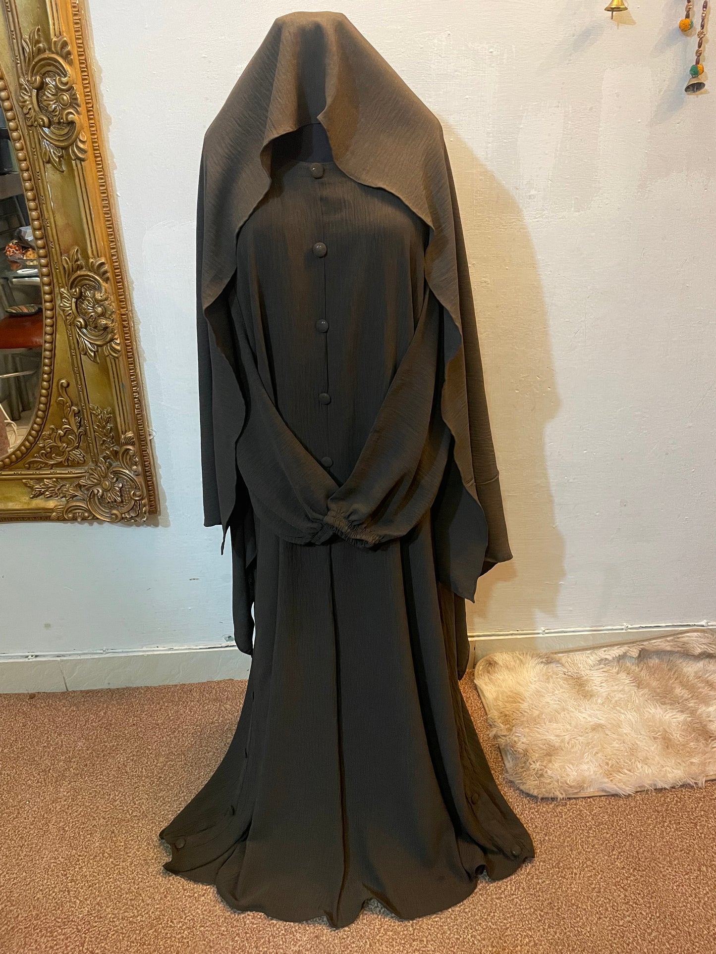 🍃 BROWN Emerald CEY Fabric Abaya with Button Detail & Scarf - 014