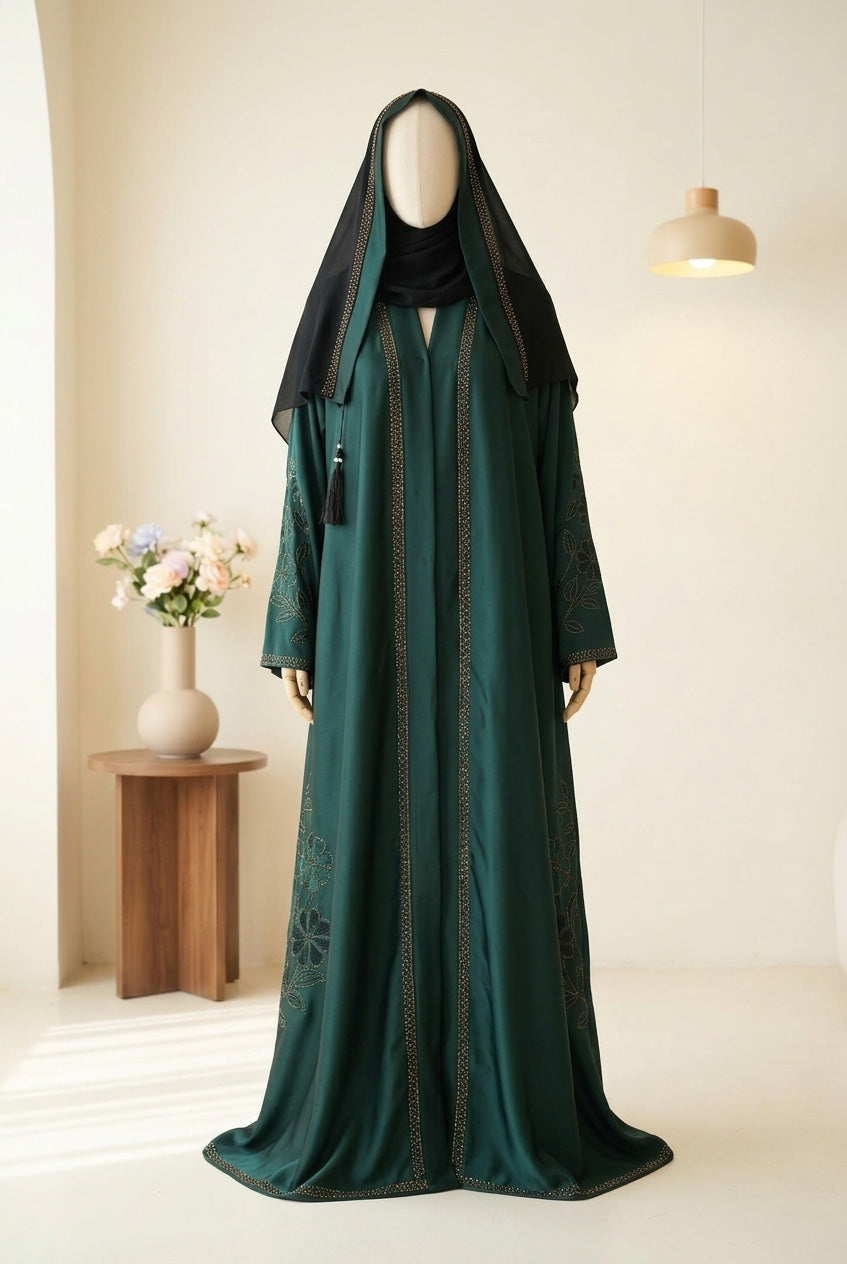 🌿 SILK SAFRON Emerald TikTok Fabric Abaya with Embroidery & Tassels - 015