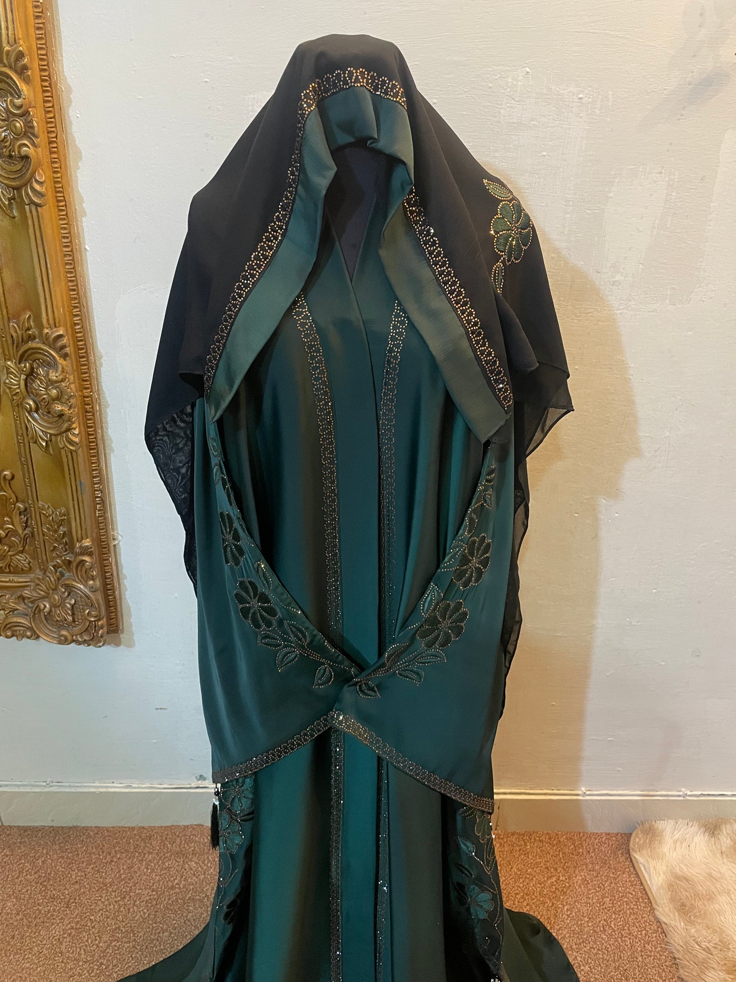 🌿 SILK SAFRON Emerald TikTok Fabric Abaya with Embroidery & Tassels - 015