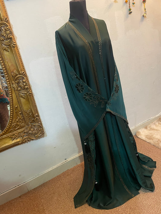🌿 SILK SAFRON Emerald TikTok Fabric Abaya with Embroidery & Tassels - 015