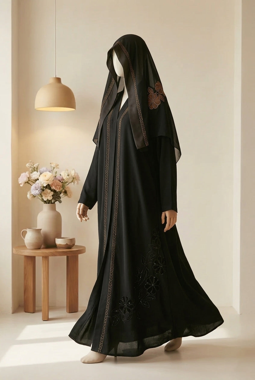 ✨ SAFRON LUXE TikTok Fabric Abaya with Crystal Borders & Floral Embroidery - 016