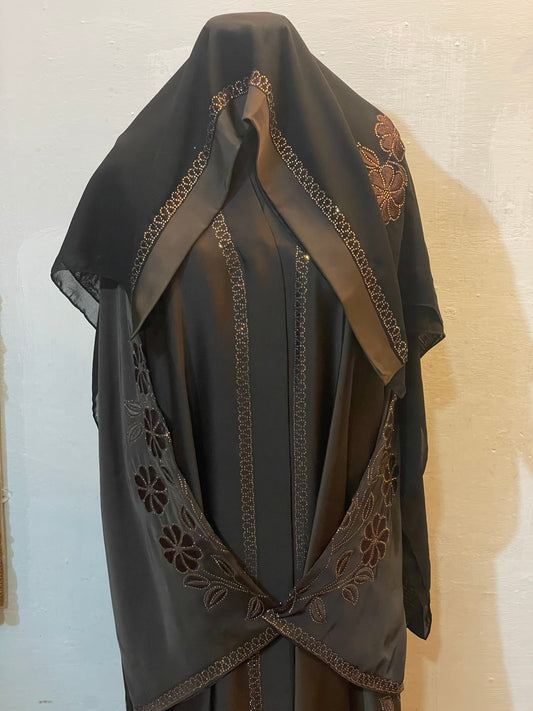 ✨ SAFRON LUXE TikTok Fabric Abaya with Crystal Borders & Floral Embroidery - 016