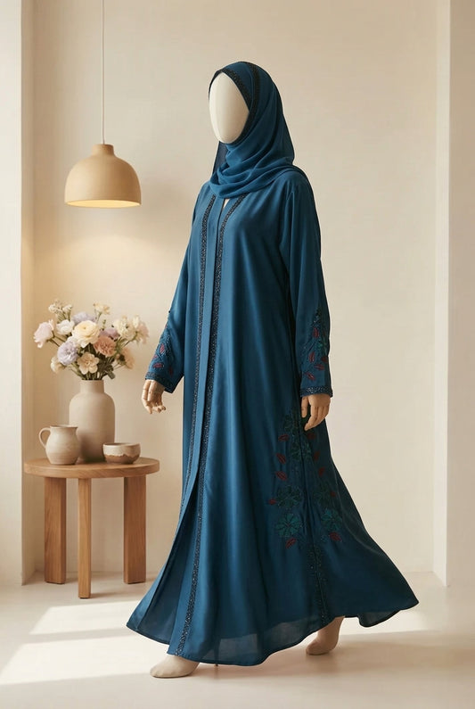 ✨ SAFRON LUXE TikTok Fabric Abaya with Crystal Borders & Floral Embroidery - 017
