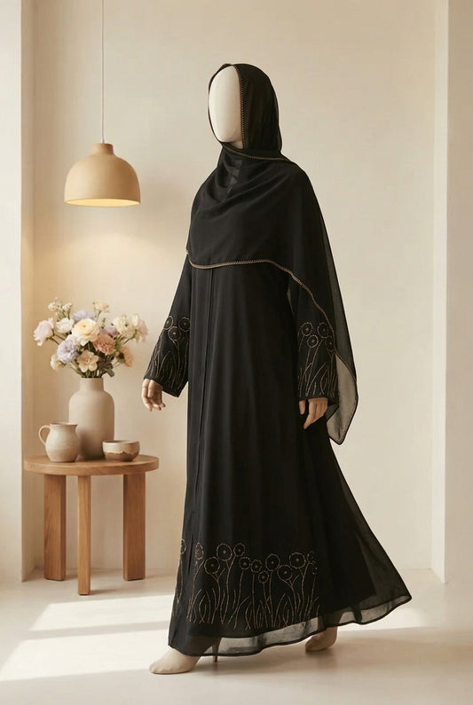 💎 URBAN VEIL Black Zoom Nida Abaya with Crystal & Applique Work - 018