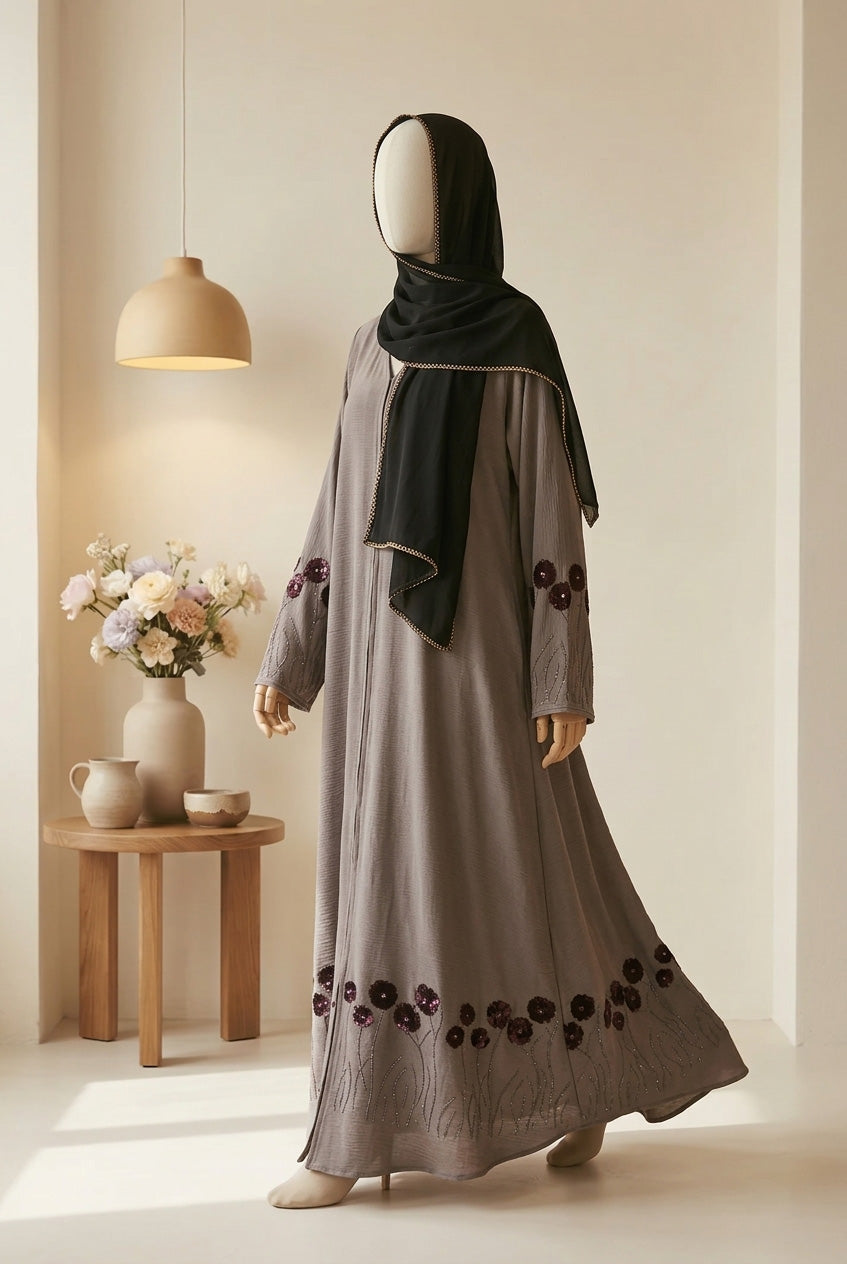 💎 URBAN VEIL Fawn Zoom Nida Abaya with Crystal & Applique Work - 019