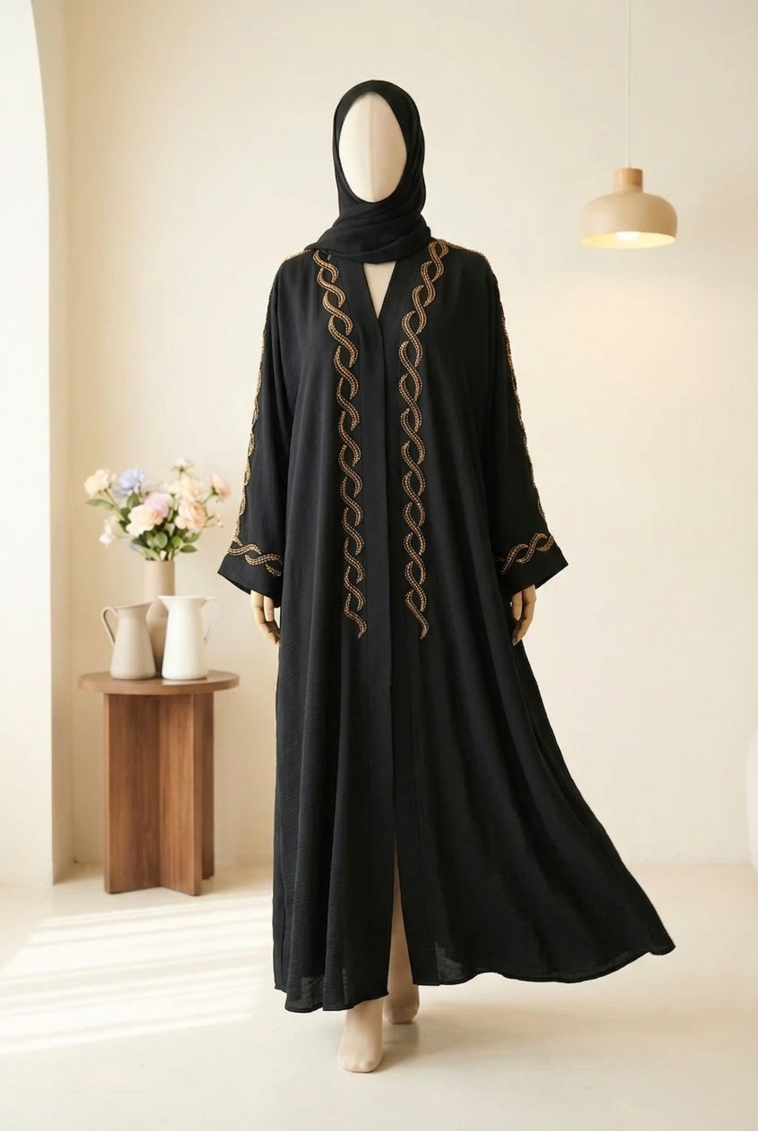 ✨ NOOR ELEGANCE Black Zoom Abaya with Golden Hand Embellishments & Scarf - 020