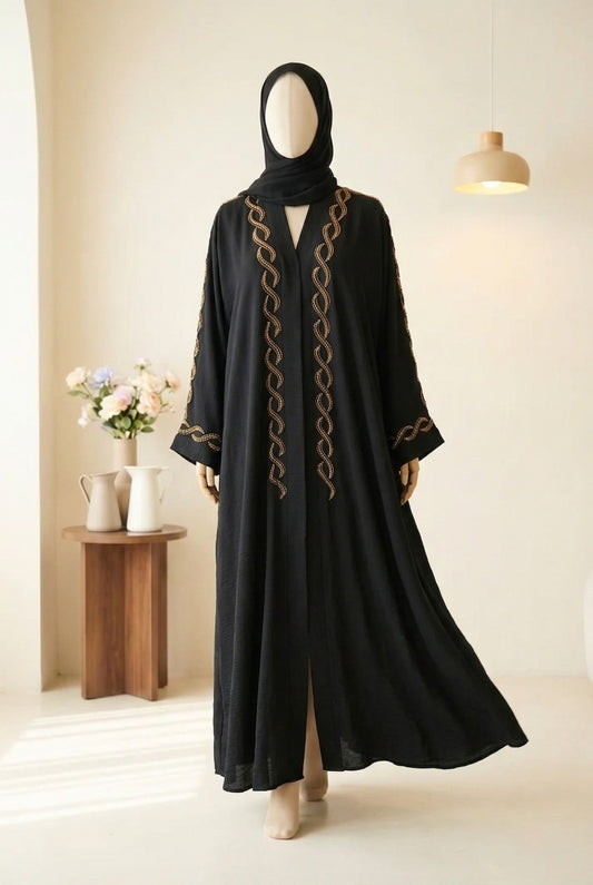 ✨ NOOR ELEGANCE Black Zoom Abaya with Golden Hand Embellishments & Scarf - 020