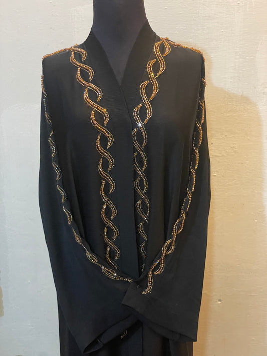 ✨ NOOR ELEGANCE Black Zoom Abaya with Golden Hand Embellishments & Scarf - 020