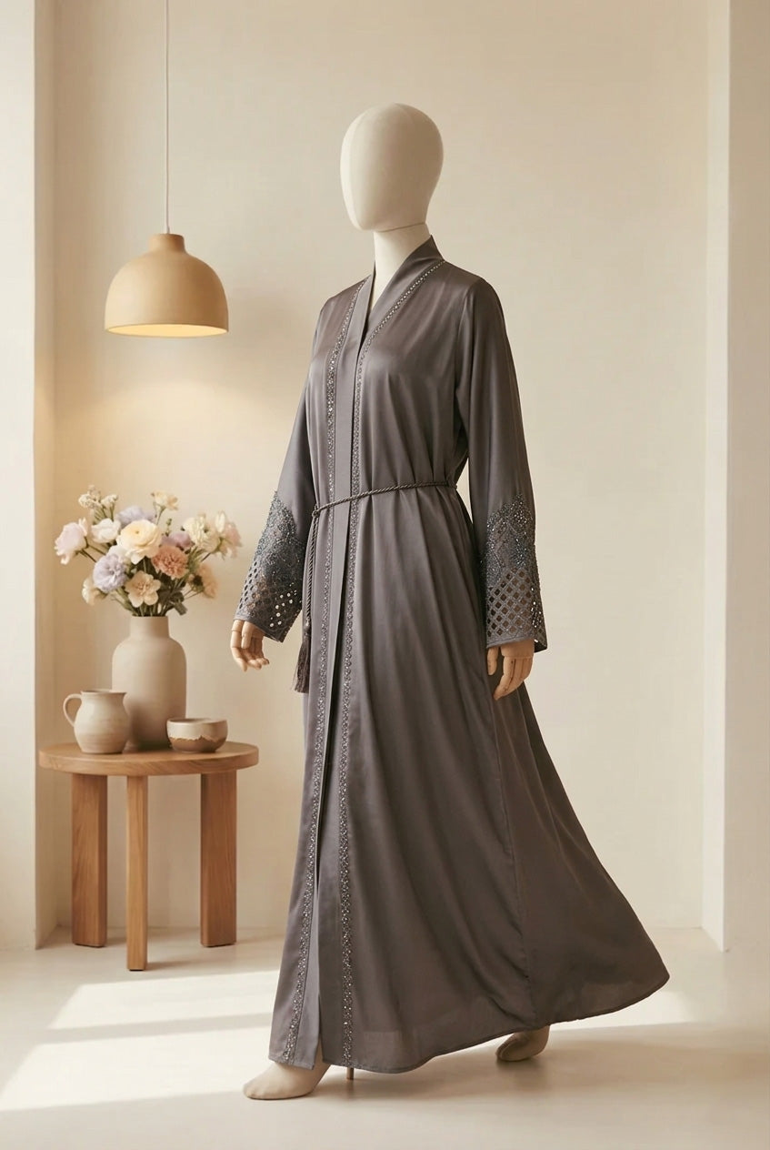 👑 ABAYA ROYALE Emerald TikTok Fabric with Intricate Hand-Embellished Sleeves - 021