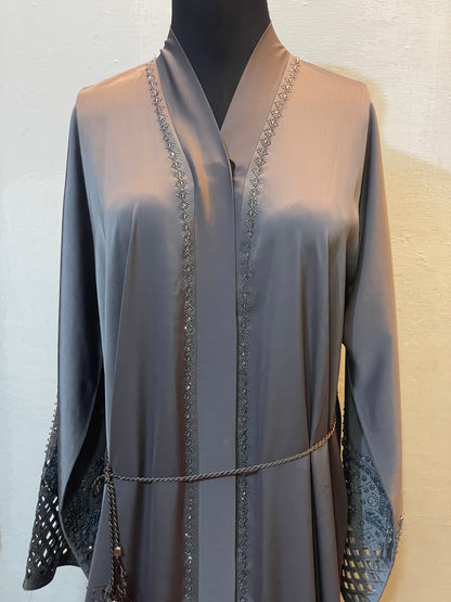 👑 ABAYA ROYALE Emerald TikTok Fabric with Intricate Hand-Embellished Sleeves - 021
