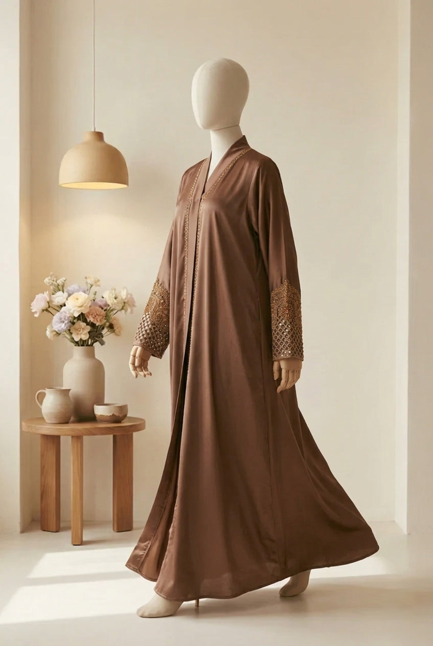 👑 ABAYA ROYALE Emerald TikTok Fabric with Intricate Hand-Embellished Sleeves - 022