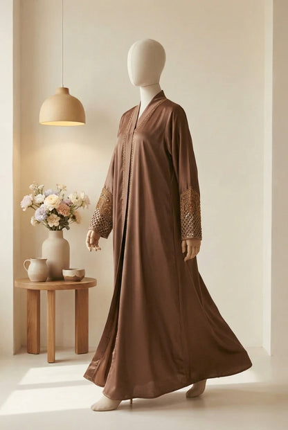 👑 ABAYA ROYALE Emerald TikTok Fabric with Intricate Hand-Embellished Sleeves - 022