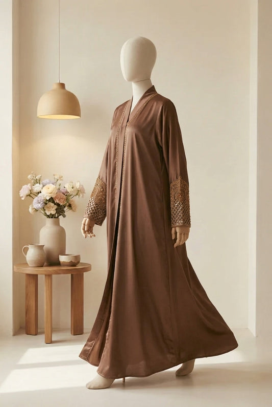 👑 ABAYA ROYALE Emerald TikTok Fabric with Intricate Hand-Embellished Sleeves - 022