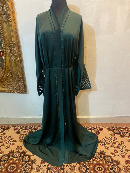 👑 ABAYA ROYALE Emerald TikTok Fabric with Intricate Hand-Embellished Sleeves - 04