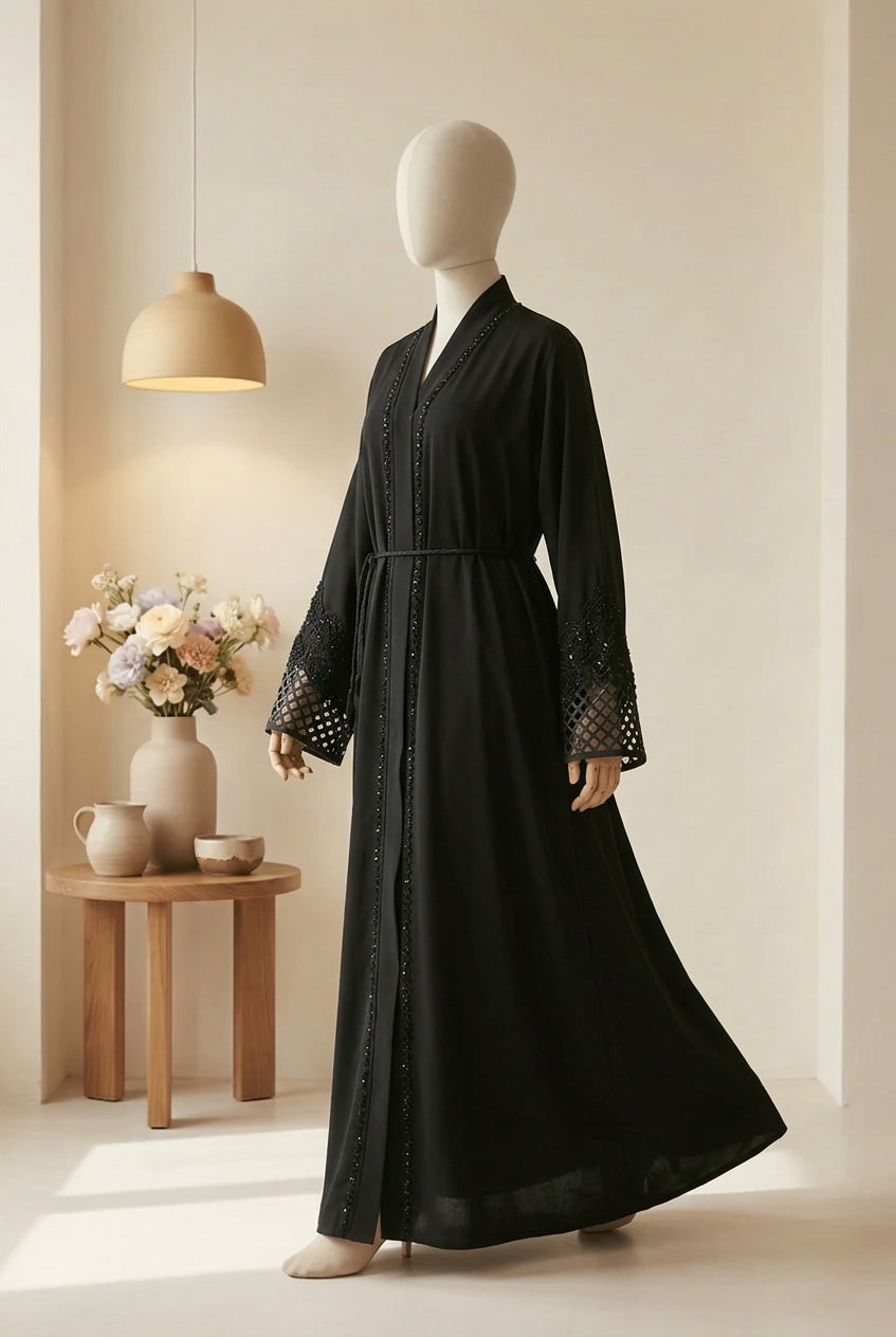 👑 ABAYA ROYALE Emerald TikTok Fabric with Intricate Hand-Embellished Sleeves - 024