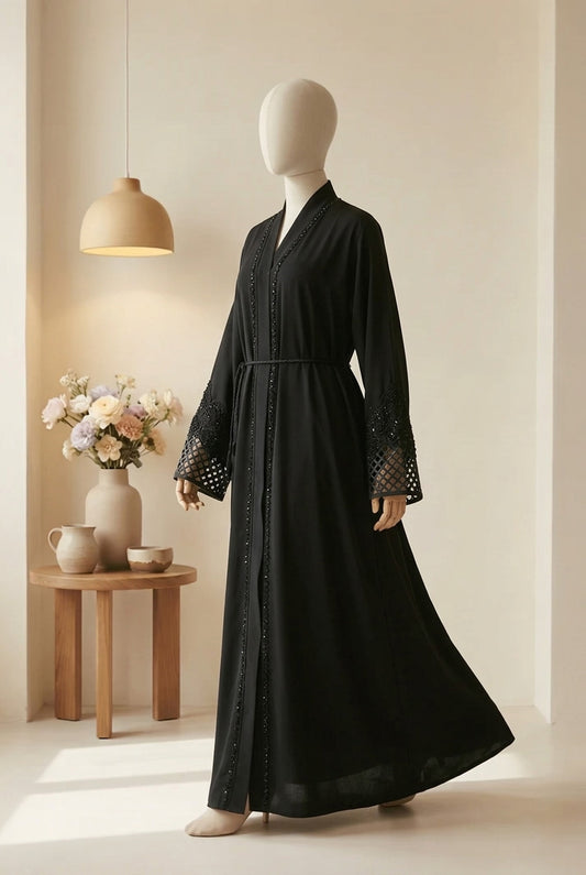👑 ABAYA ROYALE Emerald TikTok Fabric with Intricate Hand-Embellished Sleeves - 024